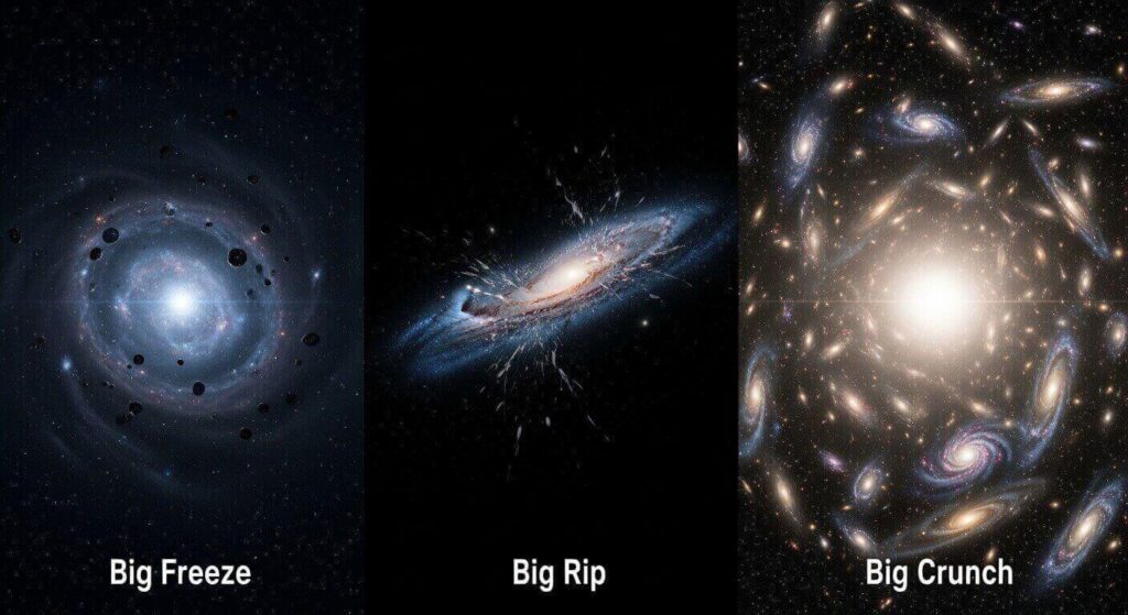 end of the universe, big freeze, heat death, big rip, big crunch, dark energy, cosmology, fate of the universe, accelerating expansion, what is dark energy