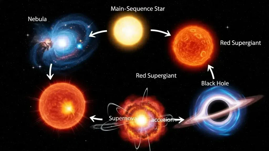 how do black holes form step by step, stellar evolution, black hole formation process, supernova explosion, event horizon explained, life cycle of massive stars, neutron star vs black hole, what causes a black hole, singularity physics, Schwarzschild radius.