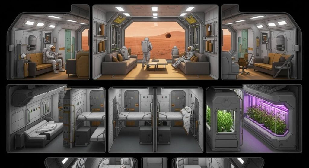 SpaceX Starship interior Starship Mars mission Life on Starship Starship crew capacity Starship 8-deck layout Life support on Starship Psychological effects of Mars mission Water recycling in space Starship pressurized volume Living on Mars
