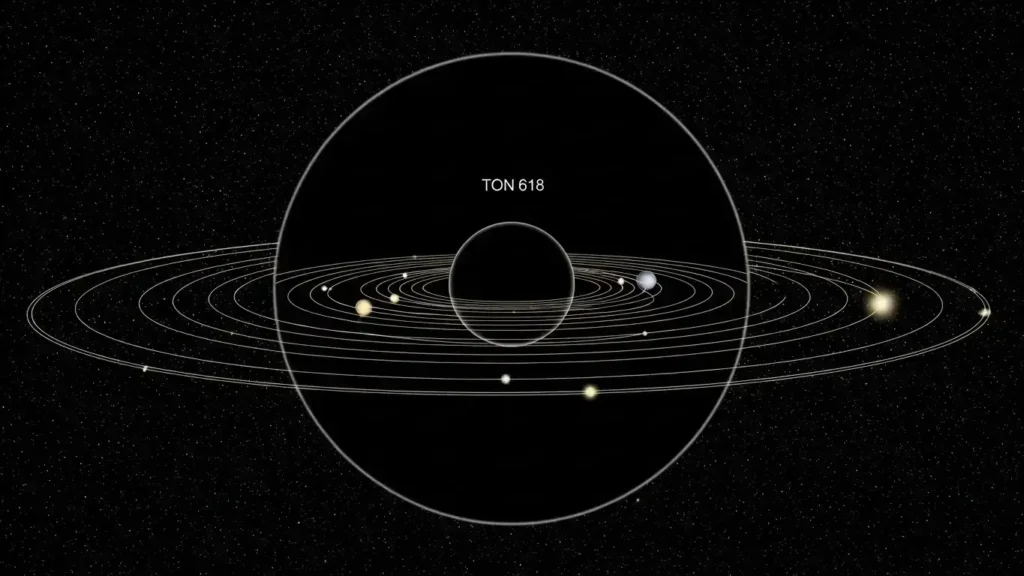 TON 618, Largest Black Hole in the Universe, Phoenix A*, Ultramassive Black Hole, Quasar TON 618 size, Black Hole Comparison, Phoenix Cluster Black Hole, Biggest Black Hole Mass.