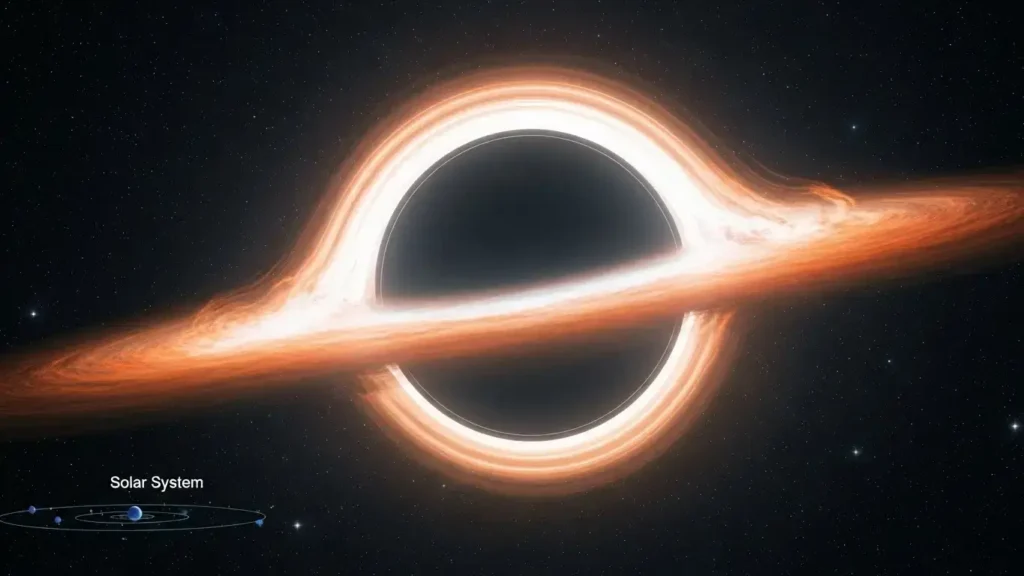 TON 618 black hole size compared to solar system, largest black hole, ultramassive black hole, TON 618 mass, Schwarzschild radius comparison, Phoenix A* vs TON 618, what is a quasar, astronomical scale visualization, event horizon size, biggest object in the universe.