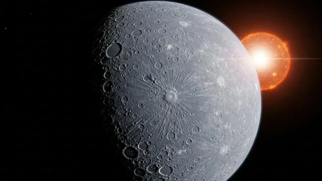Mercury no moons, Mercury temperature range, Mercury solar system position, BepiColombo mission, Caloris Basin, lobate scarps, inner planets, terrestrial planets.