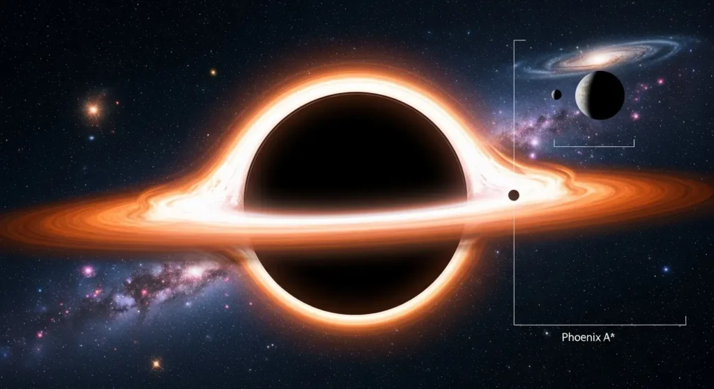 size of the largest black hole, Phoenix A*, TON 618, Ultramassive Black Hole, event horizon scale, Schwarzschild radius, cosmic scale comparison, supermassive black hole mass, astrophysics, galaxy cluster centers
