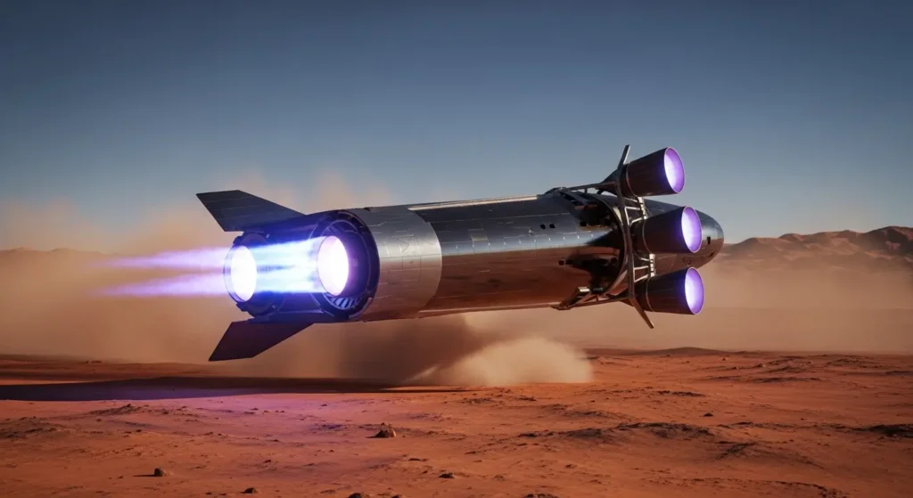Starship Mars landing, final descent, Raptor engine ignition, SpaceX Mars mission, belly flop maneuver, propulsive landing, Mars atmospheric entry, planetary landing sequence, Starship flight dynamics, space exploration technology.