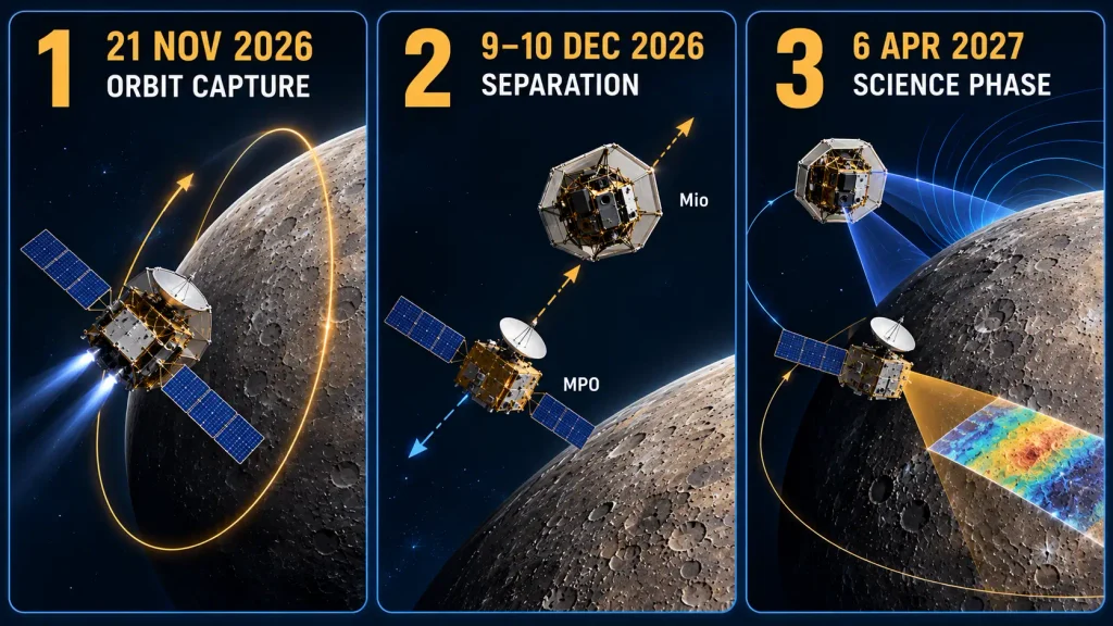 BepiColombo Mercury arrival November 2026 separation December 2026 science phase April 2027