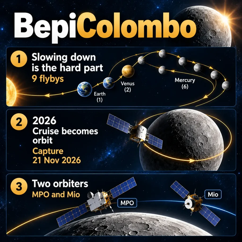 BepiColombo key facts eight year Mercury journey 2026 arrival MPO Mio