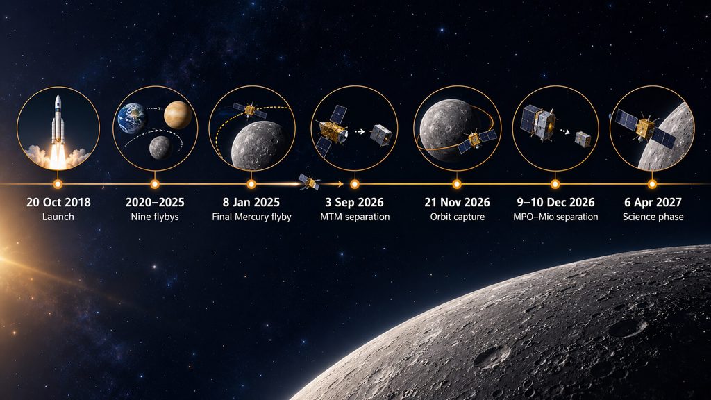 BepiColombo timeline from 2018 launch to 2026 Mercury orbit insertion and 2027 science operations
