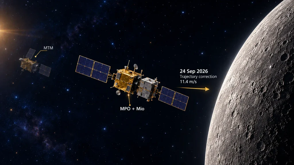 BepiColombo configuration after 2026 MTM separation with MPO and Mio approaching Mercury