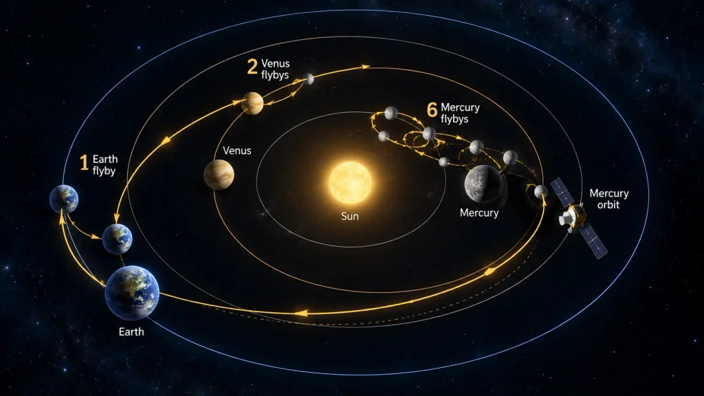 BepiColombo gravity assist route with Earth Venus and six Mercury flybys