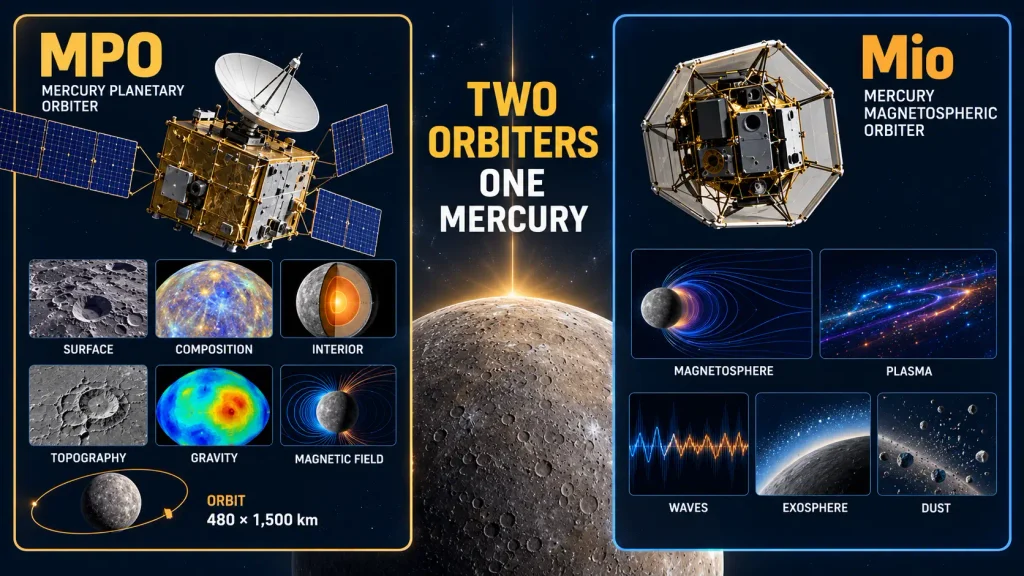 BepiColombo MPO vs Mio comparison showing instruments and science objectives