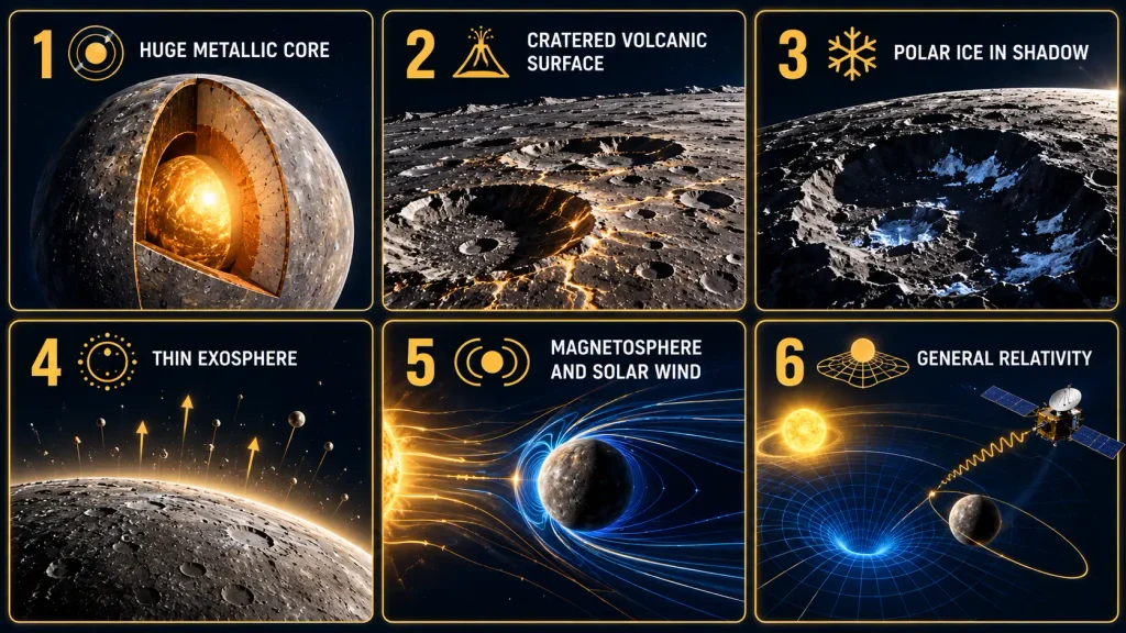 BepiColombo science goals including Mercury core surface magnetic field exosphere and relativity
