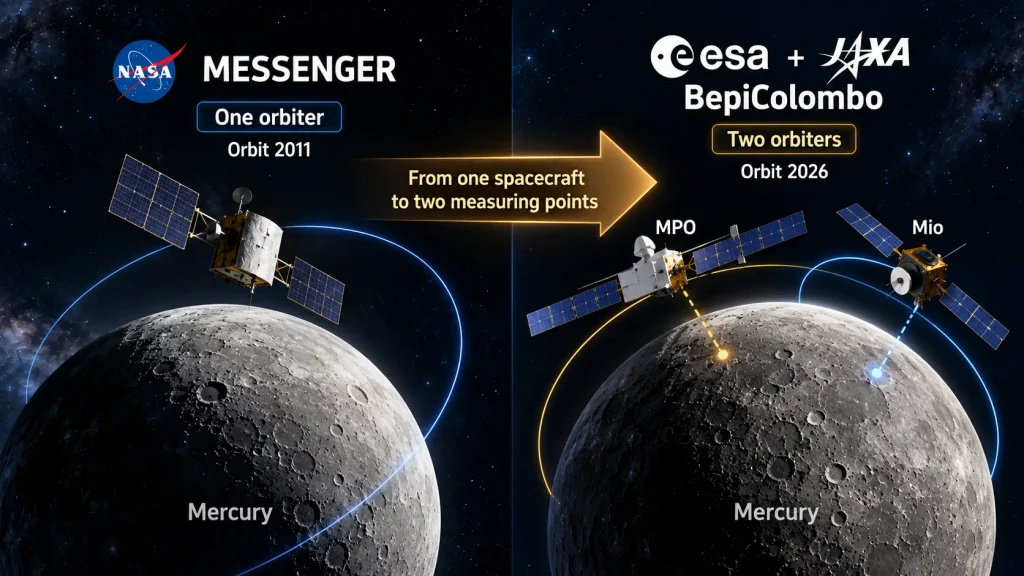 NASA MESSENGER vs ESA JAXA BepiColombo Mercury mission comparison